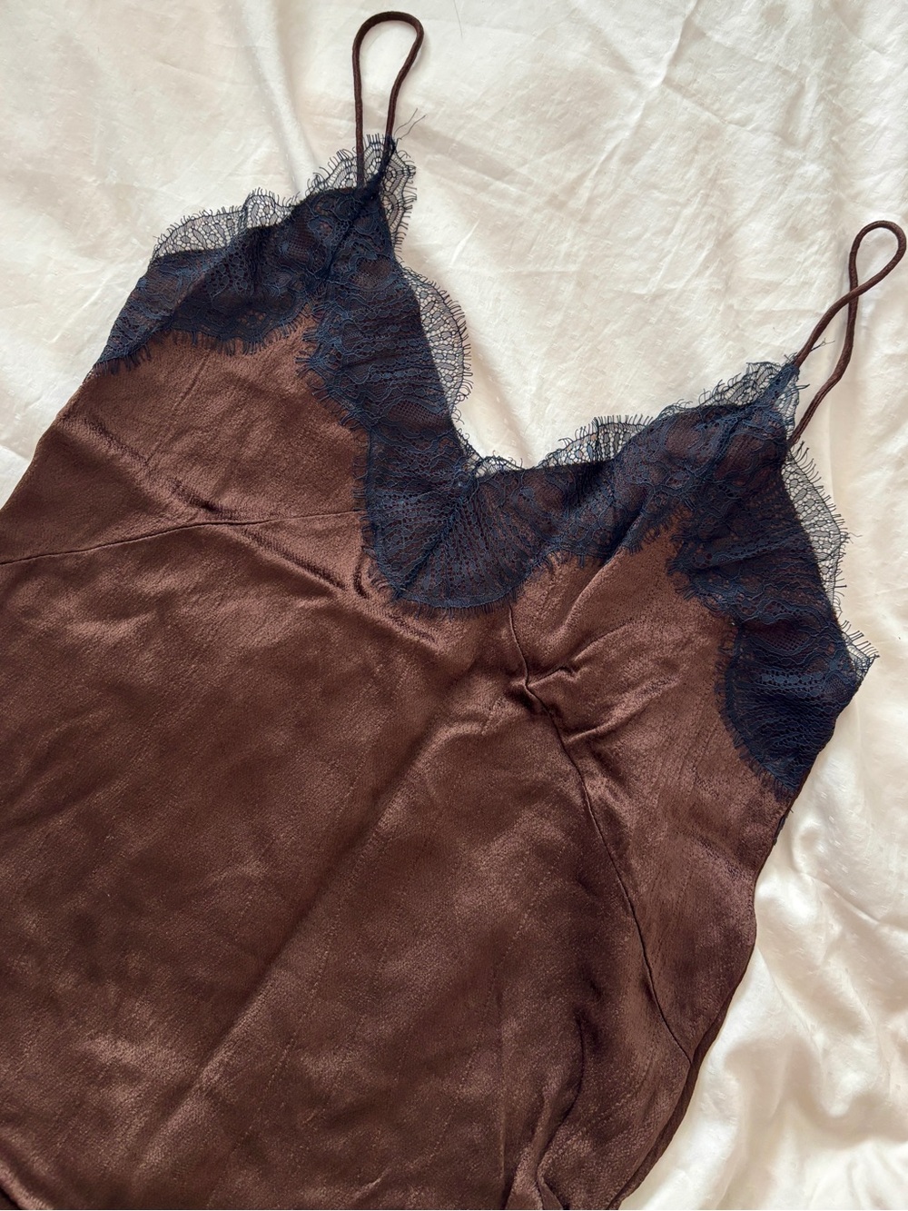 Zara Chocolate Brown Midi Camisole Slip Dress with Black Lace Trim and Side Slit